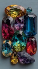 An assortment of exquisitely cut and polished gemstones displays a vibrant spectrum of colors, reflecting light beautifully on a smooth gray background elegantly.