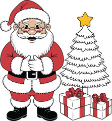 Cheerful santa claus with christmas tree and gifts on transparent background silhouette