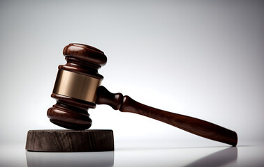 close-up shot of a finely crafted wooden gavel, symbolizing law, justice, and the legal system. The gavel rests on its matching sound block.