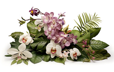 Captivating floral arrangement with elegant white orchids, creating a serene and natural aesthetic. Embellished with fresh leaves