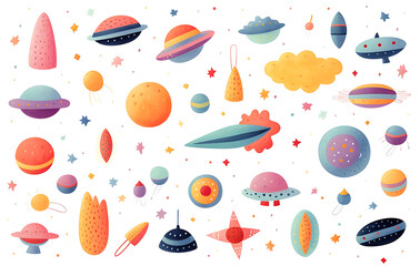 playful illustration of whimsical planets, stars, and spaceships, a vibrant and imaginative collection perfect for adding a touch of space-themed charm. 
