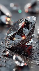 A sparkling diamond reflects light with intricate facets against a dark surface, creating a luxurious and precious scene of brilliance and glamour on display.
