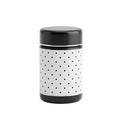 3d icon of a modern, stylish black and white polka dot food jar with a black lid, perfect for storing snacks or small items isolated on transparent background