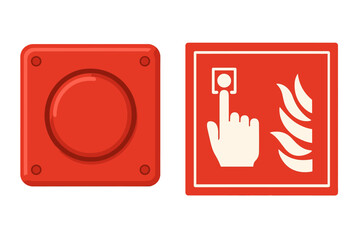 Fire alarm red push button and manual call point sign. Emergency safety vector illustration set. Hand pressing a warning button with fire symbol. Isolated on transparent background.