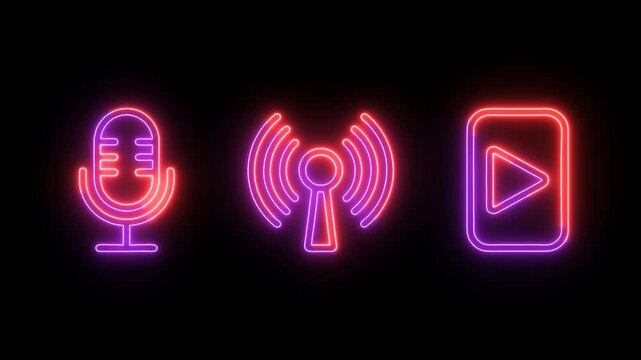 Three bright purple icons in neon. Microphone, broadcast sign, and play button. Alpha channel background.
