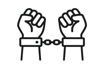 Handcuffed hands line icon. Arrest and criminal symbol. Concept of lack of freedom, justice, crime, law and punishment. Vector illustration isolated on white background.