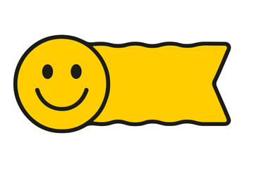 Happy smiley face icon with a yellow banner for text. Vector illustration for positive emotion, good mood, and happiness concepts. Emoticon symbol with copy space for message.