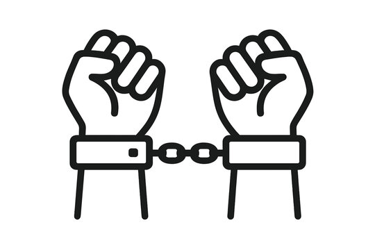 Handcuffed hands line icon. Arrest and criminal symbol. Concept of lack of freedom, justice, crime, law and punishment. Vector illustration isolated on white background.
