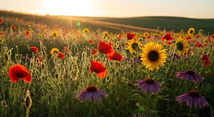 Vibrant Field of Poppies and Sunflowers at Golden Hour Sunset