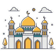 Vector illustration of an ancient mosque building with dome and tower in a simple architectural style representing a religious landmark and travel monument.