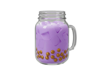 Taro bubble tea in mason jar isolated PNG, purple boba drink with tapioca pearls on transparent background for beverage concepts