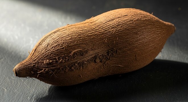 Still life of a vibrant yac?n tuber casting gentle shadows on surface