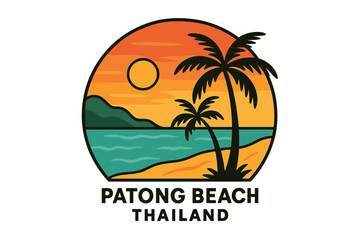 Naklejka premium Patong Beach Thailand Tropical Sunset Vector Illustration with Palm Trees, Ocean Waves, Sandy Beach, Island Landscape, Summer Vacation Concept for Logo, Banner, T-Shirt Print