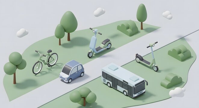 Isometric 3D minimal transportation icon set featuring eco-friendly vehicles on a park pathway, clean urban mobility vector design with modern perspective and sustainable travel theme