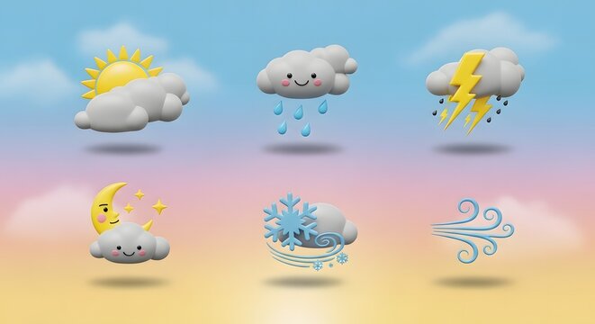 Bright animated-style weather icon set with static frames, meteorological precision, and cheerful sunrise gradient background, colorful vector design for apps, dashboards, and climate graphics