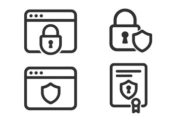 Web security line icon set. SSL certificate, HTTPS secure connection protocol, and website data protection concepts. Vector browser padlock, shield, and document symbols.