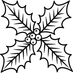 Detailed holly leaf branch illustration with berries on transparent background silhouette