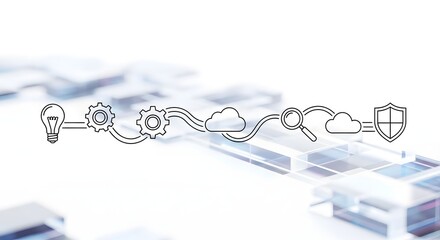 Minimal single-line technology icon collection with continuous path vector design in black and white, enhanced by a futuristic holographic 3D background for modern digital and tech branding visuals