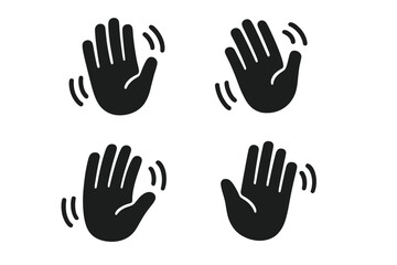 Set of waving hand icons. Greeting gesture for hello, hi or goodbye. Simple black palm silhouette symbol collection. Vector illustration for welcome or farewell concepts. Bye sign.