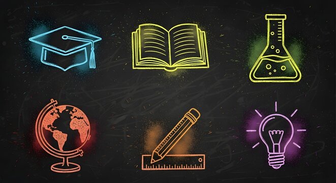 Creative chalk-style education icon set on blackboard background with colorful chalk dust splashes, hand-drawn vector symbols representing learning, knowledge, and school subjects