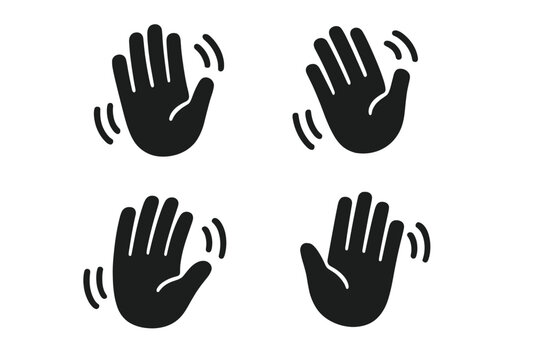 Set of waving hand icons. Greeting gesture for hello, hi or goodbye. Simple black palm silhouette symbol collection. Vector illustration for welcome or farewell concepts. Bye sign.