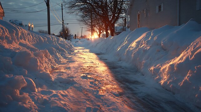 Winter sunset illuminates snowy path lined with tall snowbanks and bare trees