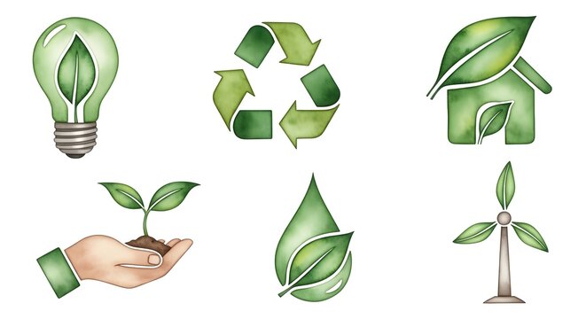 Eco-friendly icon set with leaf integration and green palette accented by earthy browns, sustainable environmental symbols painted in artistic hand-painted watercolor vector style