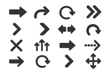 Arrow icon vector set. Black direction pointer symbols collection. Navigation button elements for web, app, UI, UX. Includes next, previous, reload, close, direction.