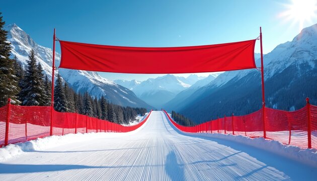 Snowy ski slope leads to red finish line banner between majestic mountains under clear blue sky. Winter sports competition goal achievement concept. Skiing race victory.