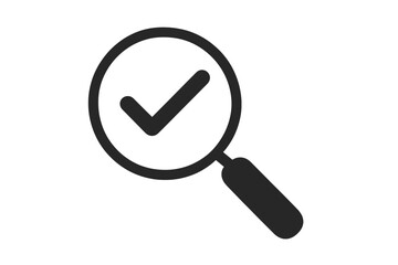 Magnifying glass with check mark icon. Quality control, audit and inspection concept. Symbol for validation, verification, approval, and successful search. Passed review vector.