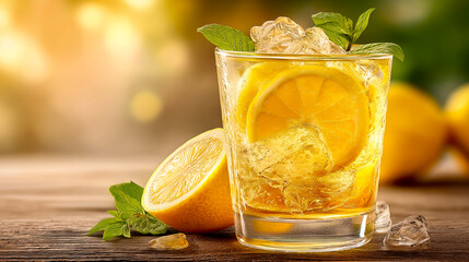 glass of lemonade with lemon with ice and mint mojito cocktail