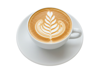 Latte art in a white cup isolated on a saucer, coffee drink with leaf pattern for cafe menu and beverage design