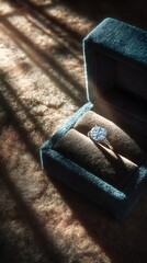 An elegant diamond sparkles inside a velvet box bathed in soft light creating an atmosphere of love and luxury for a special engagement proposal moment.