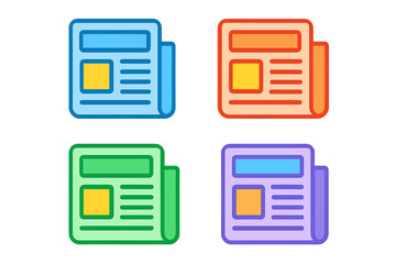 Newspaper icon set in colorful flat design. Newsletter sign and symbol for news, media, and press. Vector illustration of a daily publication, journal, or article graphic.