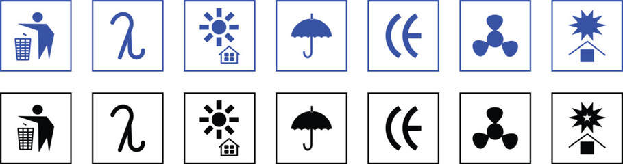 Set of Packaging Symbol button, keep upright dry and handle with care signs.Fragile, recycle, Handle with care, Essential Packaging Symbols, Handle with care warning labels, shipping background,

