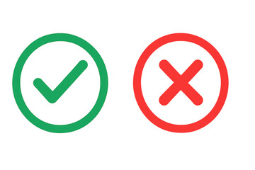 Square shape icon set with check mark and cross mark symbols, vector illustration, transparent background, ordered set of simple flat design for interface, UI, validation, approval, and rejection