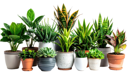 A diverse collection of healthy potted houseplants arranged for indoor decor.