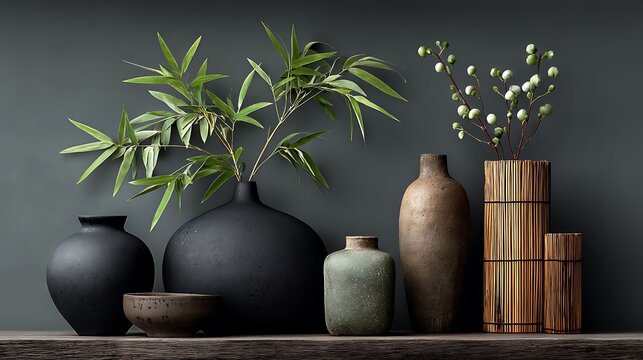 Artistic arrangement of diverse vases and organic greenery against a textured dark backdrop