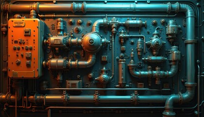 Futuristic industrial panel with glowing neon lights, complex pipe system. Intricate network of tubes, machinery creates cyberpunk aesthetic. Blue, orange hues illuminate metal details, digital