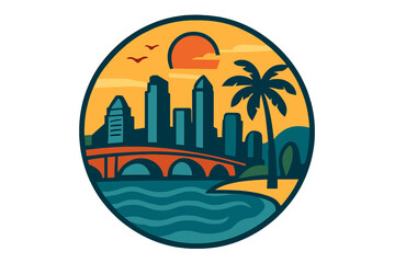San Diego California city skyline vector logo. Round icon with beach, palm tree, and sunset. Travel vacation badge illustration. Coastal cityscape emblem with bridge and ocean.