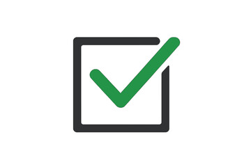 Green check mark in box icon. Tick symbol. Correct, approved, done concepts. Yes button for vote or survey. Task completed or finished. Quality control and verification sign.