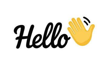 Hello text with waving hand emoji icon. Welcome greeting gesture. Friendly communication symbol. Hi sign for chat, message or web. Simple vector illustration isolated concept.