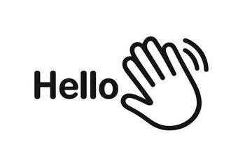 Obraz premium Waving hand icon with hello text. Welcome gesture symbol. Greeting concept vector illustration. Hi sign for web design. Communication pictogram. Simple flat linear element.