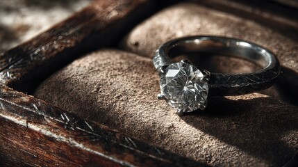 A sparkling diamond engagement with an intricate band rests elegantly inside a vintage wooden box lined with soft, brown velvet for a romantic proposal scene.