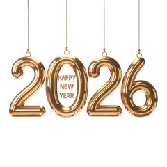 Golden 2026 Happy New Year 3D balloon numbers festive decoration isolated on transparent background