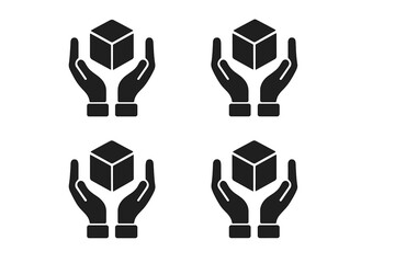 Handle with care icon. Fragile package symbol. Logistics, shipping, and delivery concept. Hands holding box. Product protection and support pictogram for web and apps. Vector set.