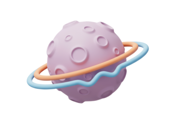 Isolated pink planet with craters and colorful rings in cartoon style, astronomy, space