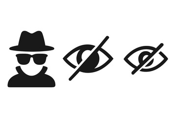 Privacy icon set. Incognito mode pictogram, anonymous user. Crossed-out eye symbol for hidden content, invisible, or sensitive data. Spy agent, security vector collection.