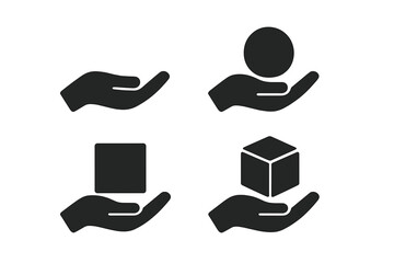 Hand holding object icon set. Handle with care symbol. Vector graphic for concepts like receiving, giving, charity, support, product, packaging, delivery and open hands.