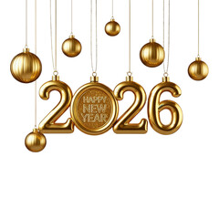 Golden 2026 Happy New Year background with hanging ornaments and luxury festive decoration